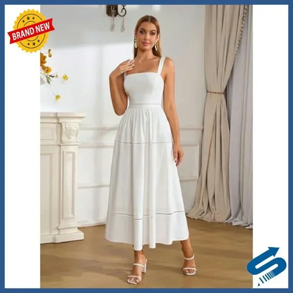 Summer Corset Midi Dress Square Neck Flowy A-Line Wedding Guest - Picture 7 of 8